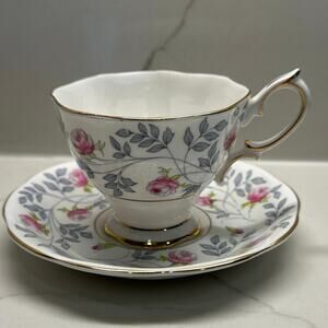 Royal Albert Conway Teacup Saucer Set Pink Roses Grey Leaves White Bone China